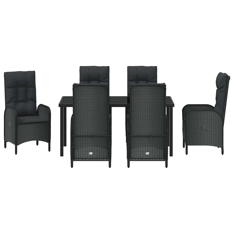 vidaXL 7 Piece Poly Rattan Garden Dining Set with Cushions in Black