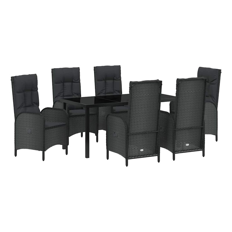 vidaXL 7 Piece Poly Rattan Garden Dining Set with Cushions in Black