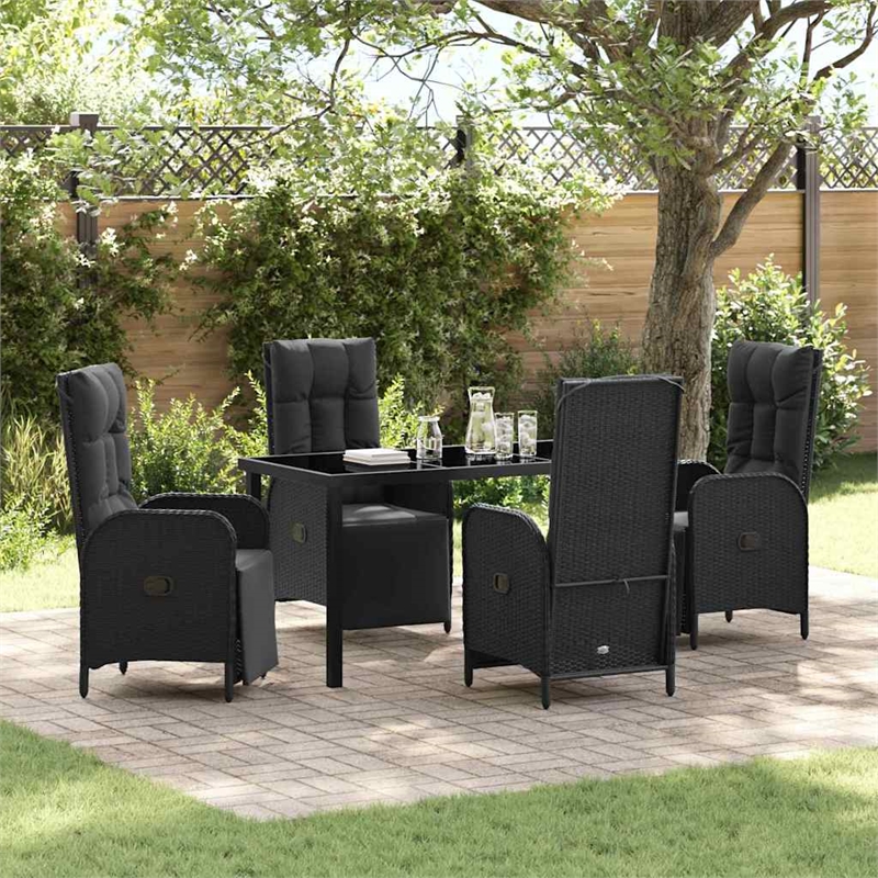 vidaXL 5 Piece Poly Rattan Garden Dining Set with Cushions in Black