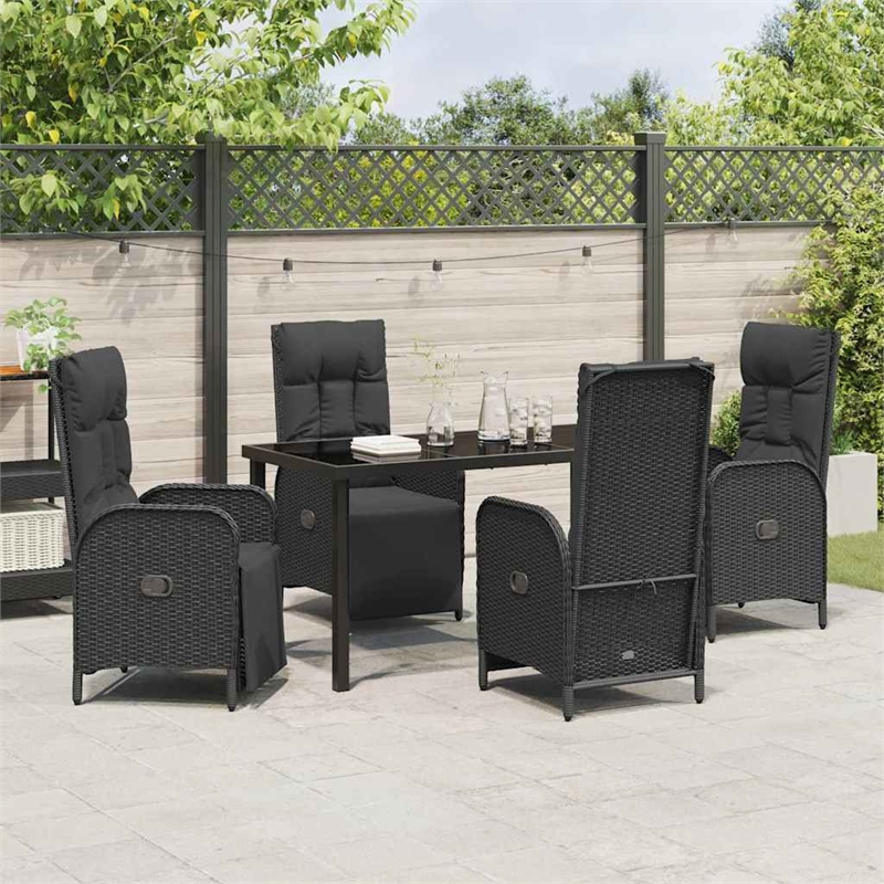 vidaXL 5 Piece Poly Rattan Garden Dining Set with Cushions in Black