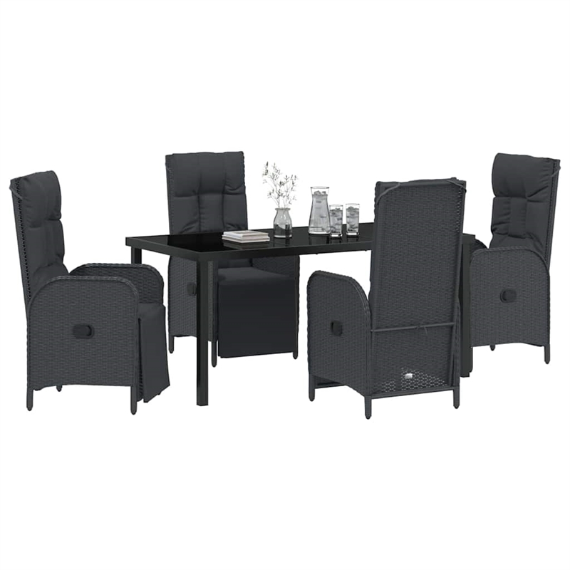 vidaXL 5 Piece Poly Rattan Garden Dining Set with Cushions in Black