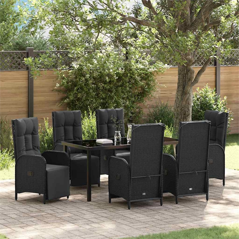 vidaXL 7 Piece Poly Rattan Garden Dining Set with Cushions in Black