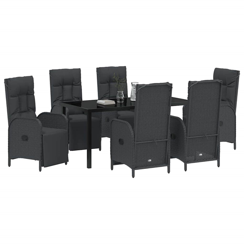 vidaXL 7 Piece Poly Rattan Garden Dining Set with Cushions in Black