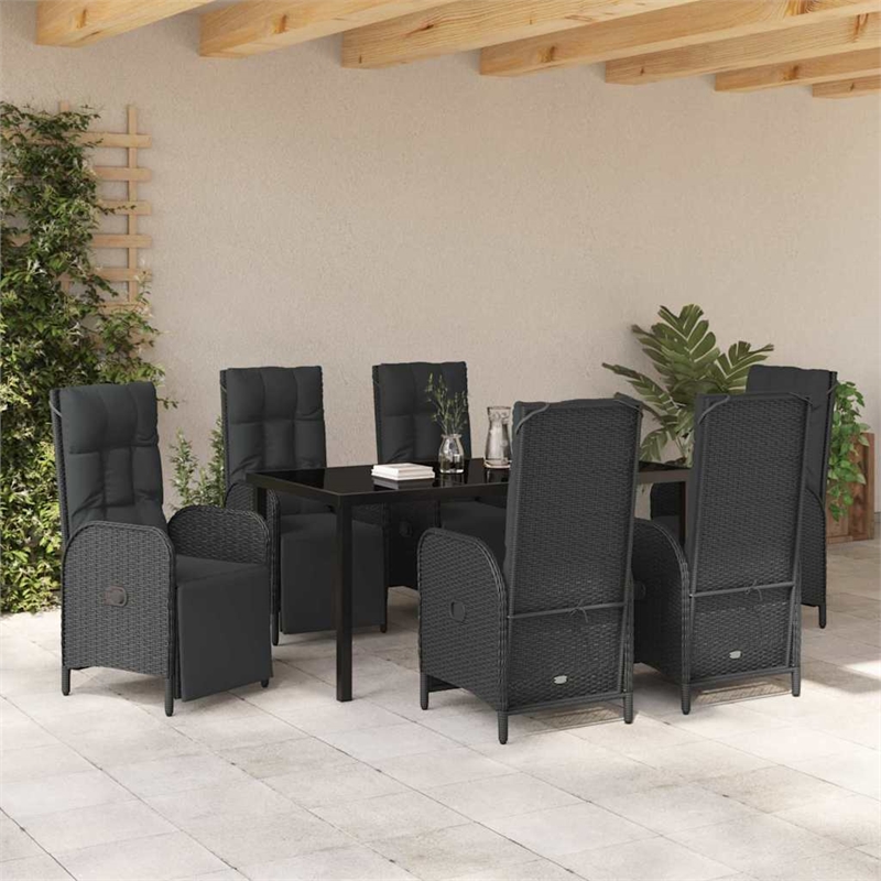 vidaXL 7 Piece Poly Rattan Garden Dining Set with Cushions in Black