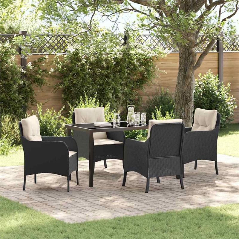 vidaXL 5 Piece Poly Rattan Garden Dining Set with Cushions in Black
