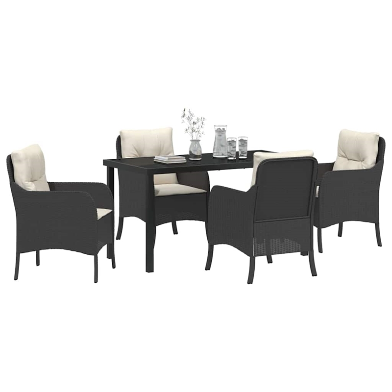 vidaXL 5 Piece Poly Rattan Garden Dining Set with Cushions in Black