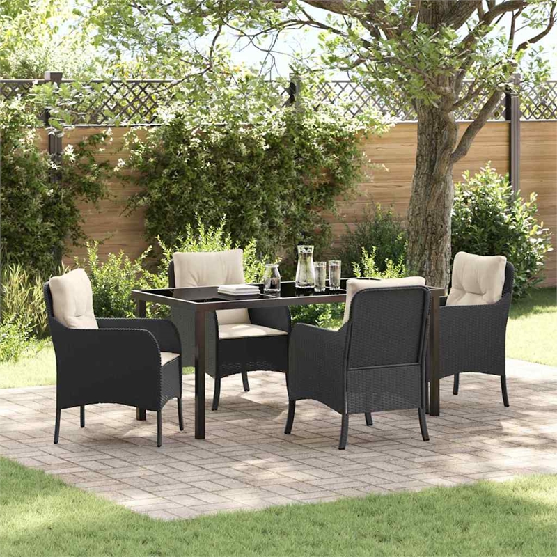 vidaXL 5 Piece Poly Rattan Garden Dining Set with Cushions in Black