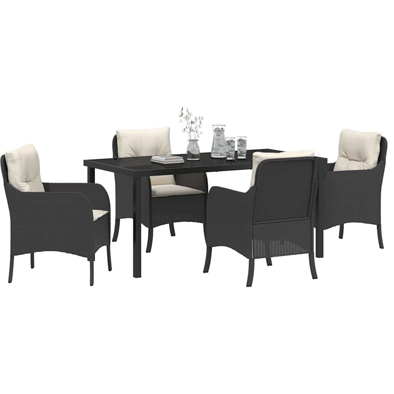 vidaXL 5 Piece Poly Rattan Garden Dining Set with Cushions in Black