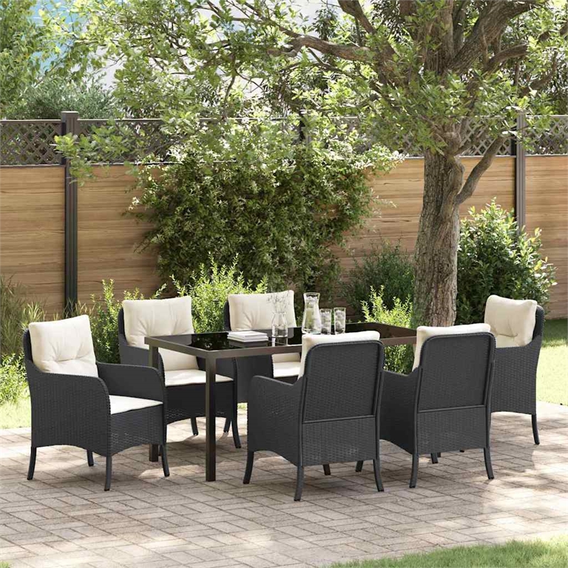 vidaXL 7 Piece Poly Rattan Garden Dining Set with Cushions in Black