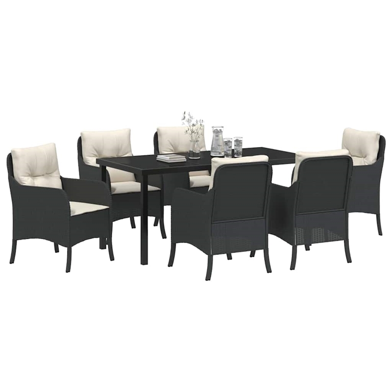 vidaXL 7 Piece Poly Rattan Garden Dining Set with Cushions in Black