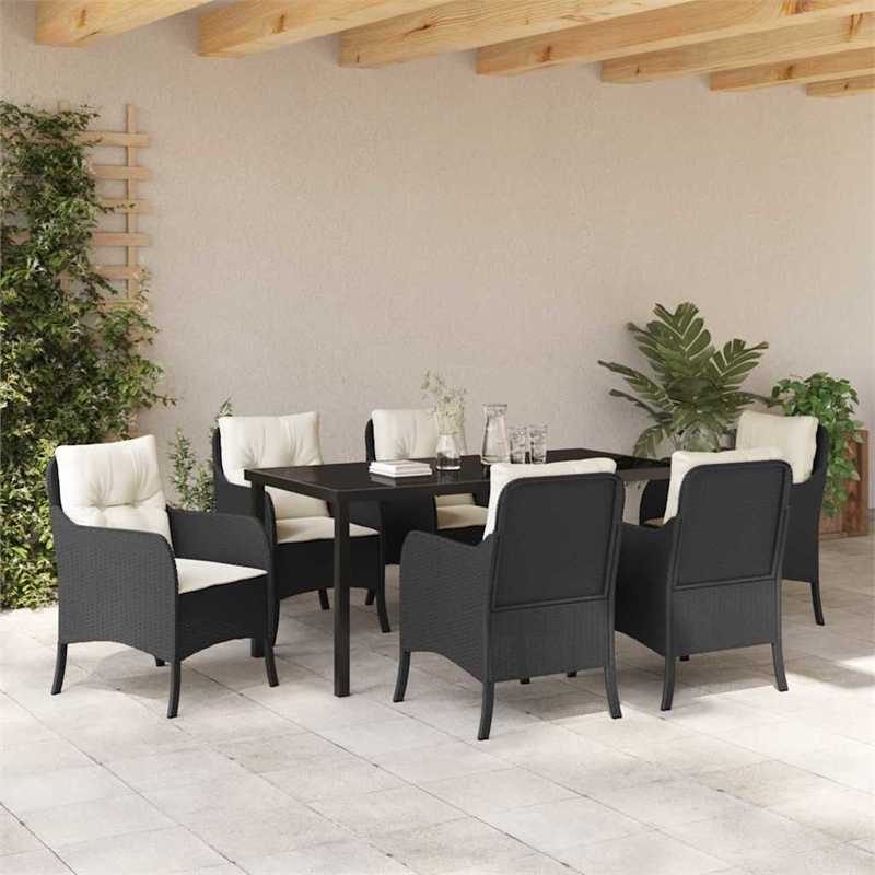 vidaXL 7 Piece Poly Rattan Garden Dining Set with Cushions in Black