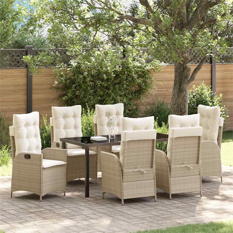 vidaXL 7 Piece Poly Rattan Garden Dining Set with Cushions in Black