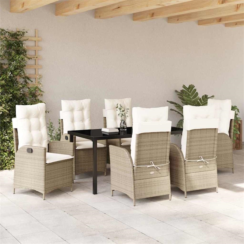 vidaXL 7 Piece Poly Rattan Garden Dining Set with Cushions in Black