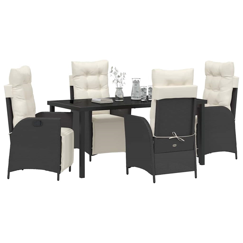 vidaXL 5 Piece Poly Rattan Garden Dining Set with Cushions in Black