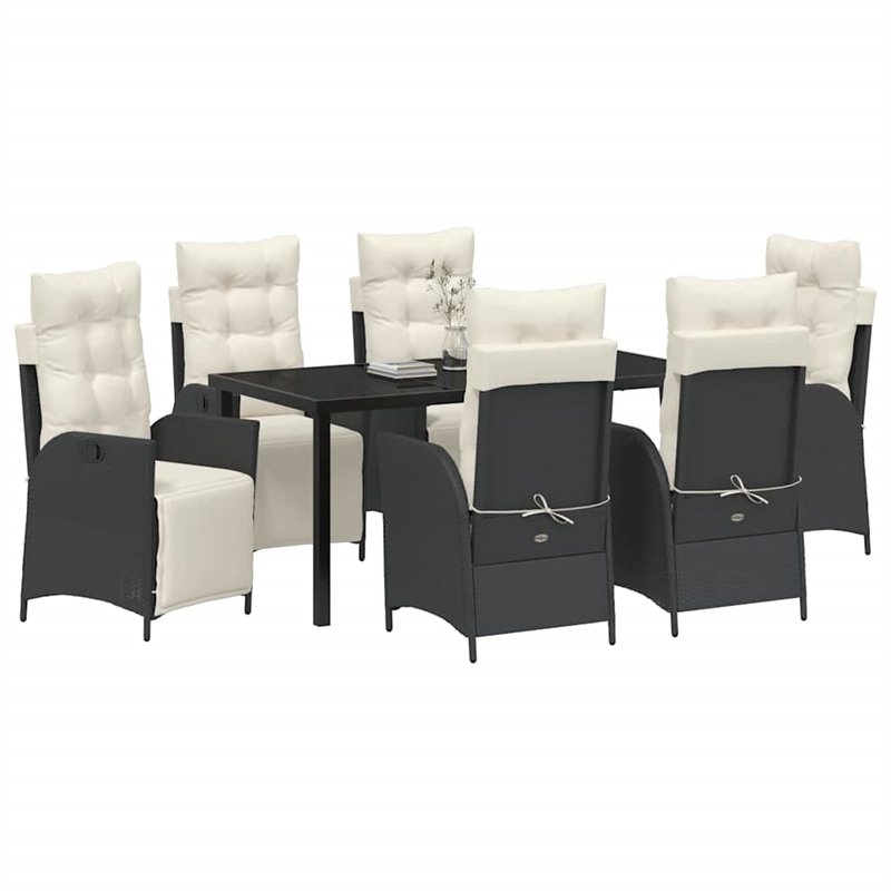 vidaXL 7 Piece Poly Rattan Garden Dining Set with Cushions in Black