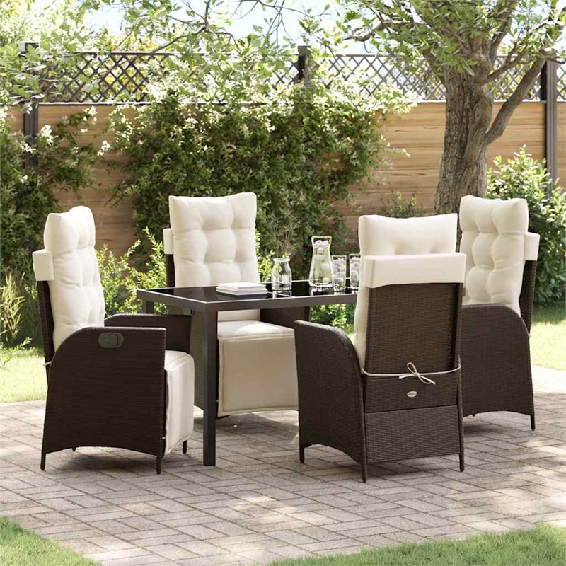 vidaXL 5 Piece Poly Rattan Garden Dining Set with Cushions in Brown