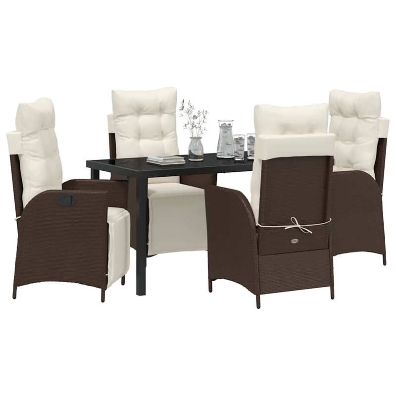 vidaXL 5 Piece Poly Rattan Garden Dining Set with Cushions in Brown