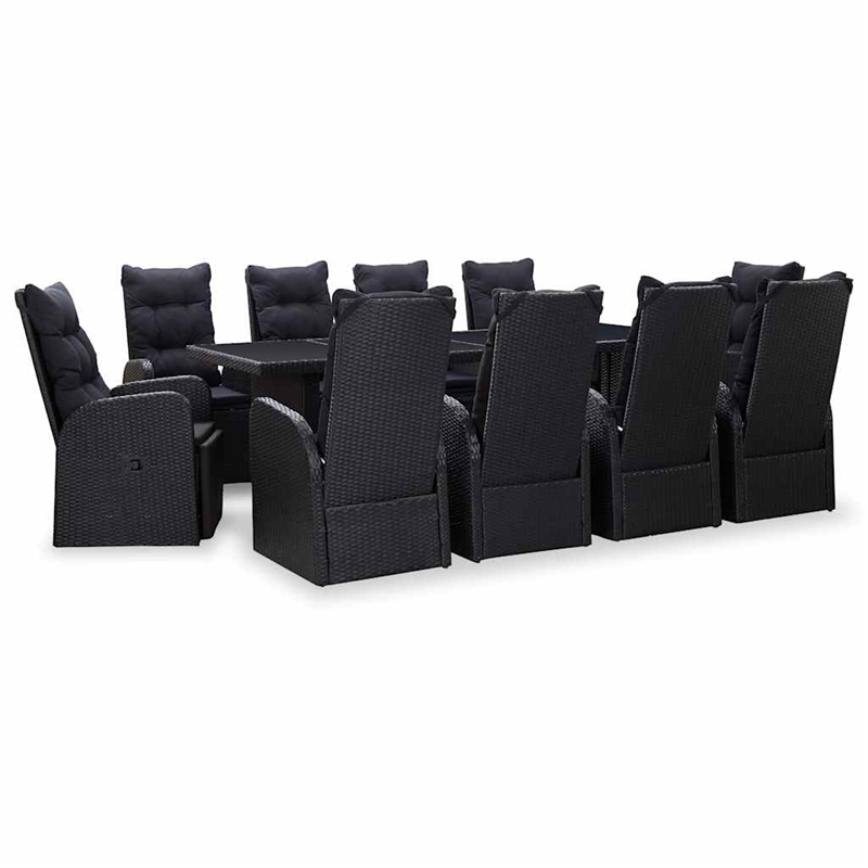 vidaXL 11 Piece Poly Rattan Garden Dining Set with Cushion in Black