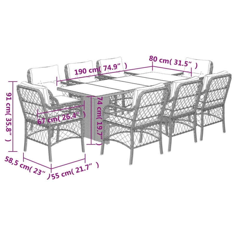 vidaXL 9 Piece Poly Rattan Garden Dining Set in Brown/Cream white