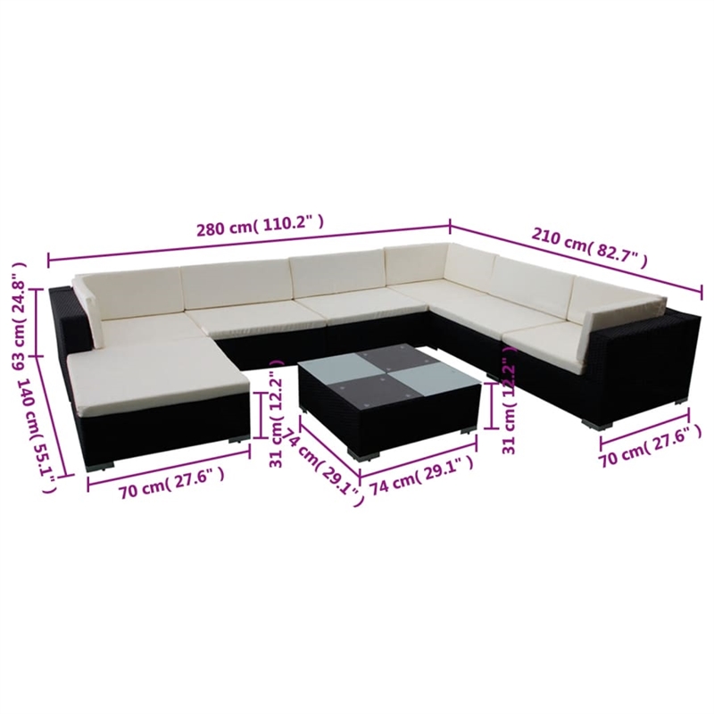 vidaXL 8 Piece Steel Lounge Set in Black/White/Cream