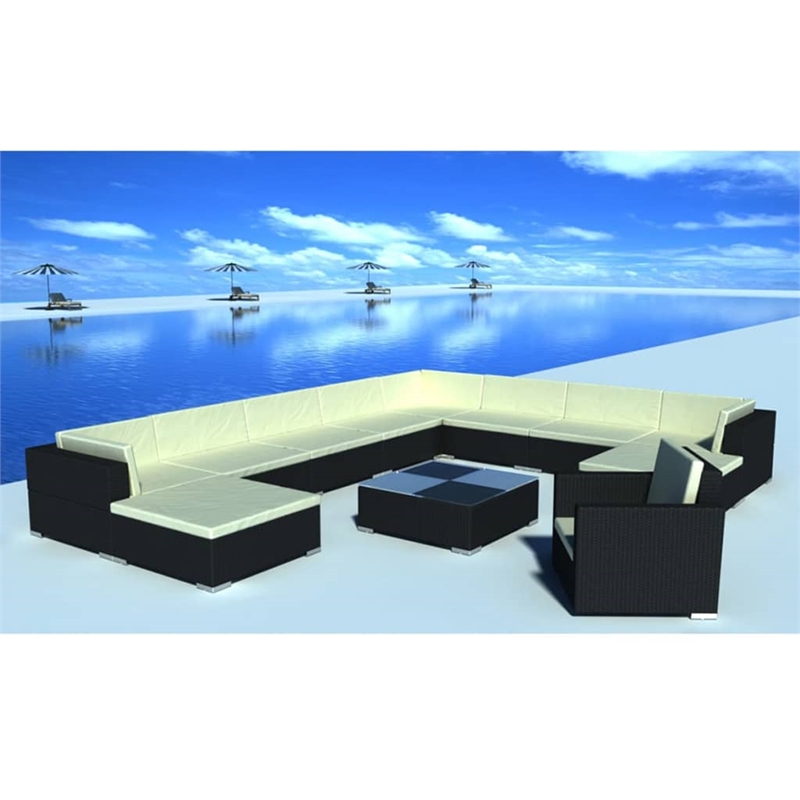 vidaXL 12 Piece Poly Rattan Garden Lounge Set in Black/White/Cream