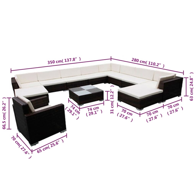 vidaXL 12 Piece Poly Rattan Garden Lounge Set in Black/White/Cream