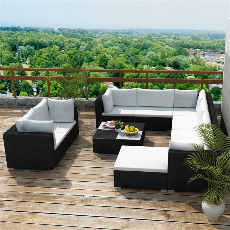 vidaXL 10 Piece Poly Rattan Patio Furniture Black/White/Cream