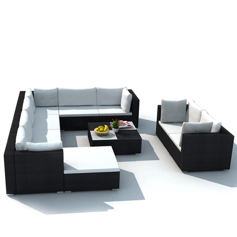 vidaXL 10 Piece Poly Rattan Patio Furniture Black/White/Cream