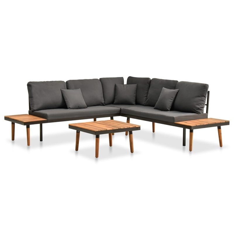 vidaXL 4 Piece Solid Acacia Wood Small Sofa Set w/ Removable Covers in Gray