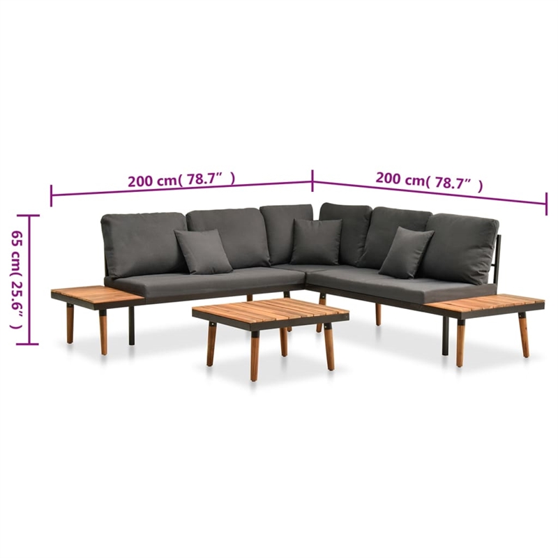vidaXL 4 Piece Solid Acacia Wood Small Sofa Set w/ Removable Covers in Gray