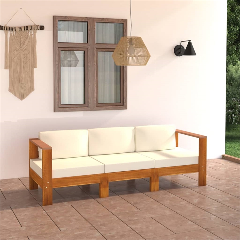 vidaXL Solid Acacia Wood Sofa in White/Cream