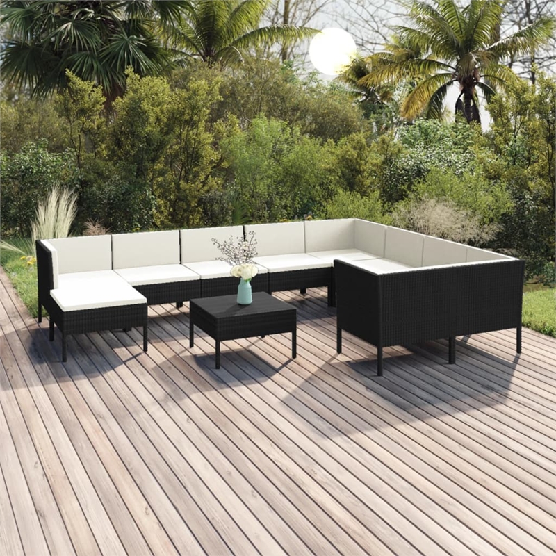 vidaXL 11 Piece Poly Rattan Small Garden Lounge Set in Black/White/Cream