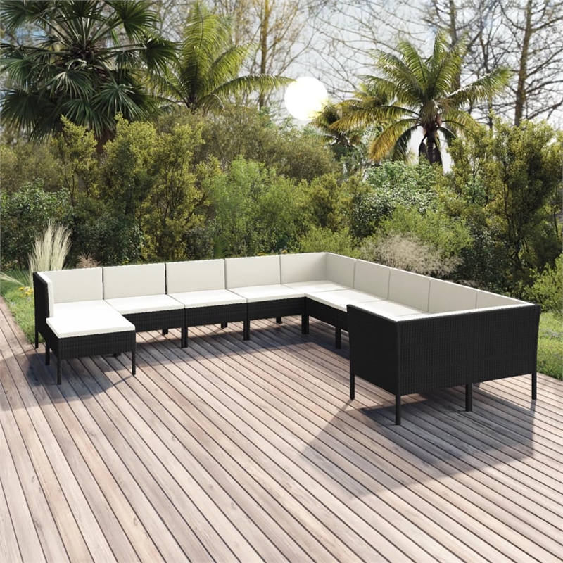 vidaXL 11 Piece Poly Rattan Medium Garden Lounge Set in Black/White/Cream