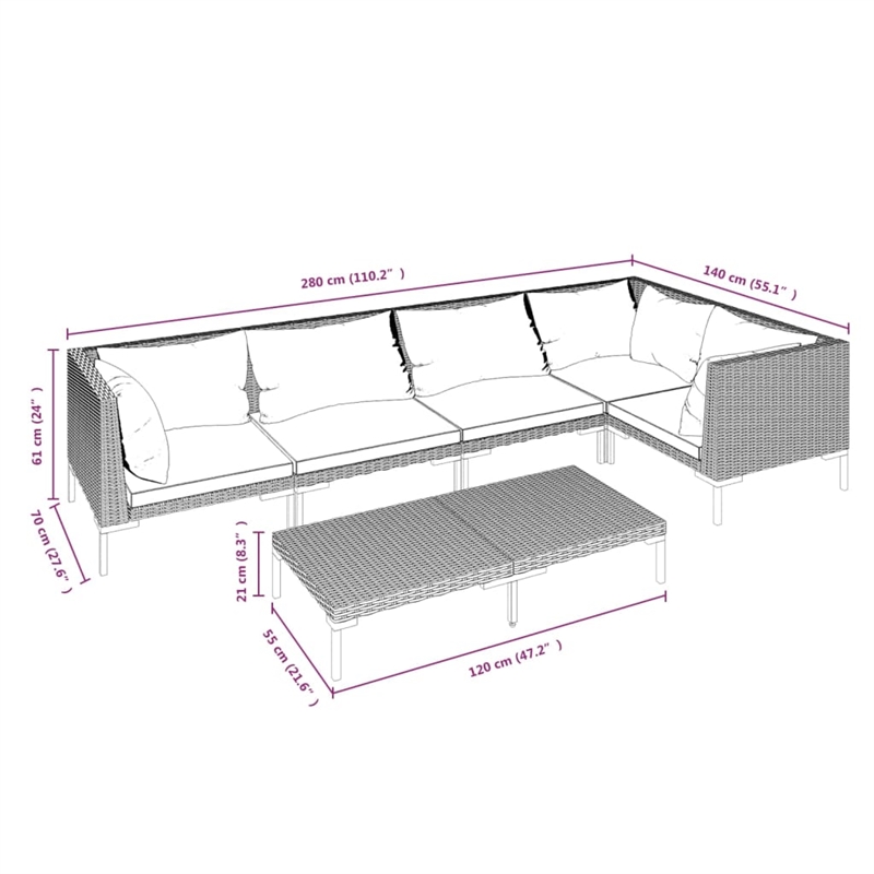 vidaXL 6 Piece Poly Rattan Garden Lounge Set in Gray
