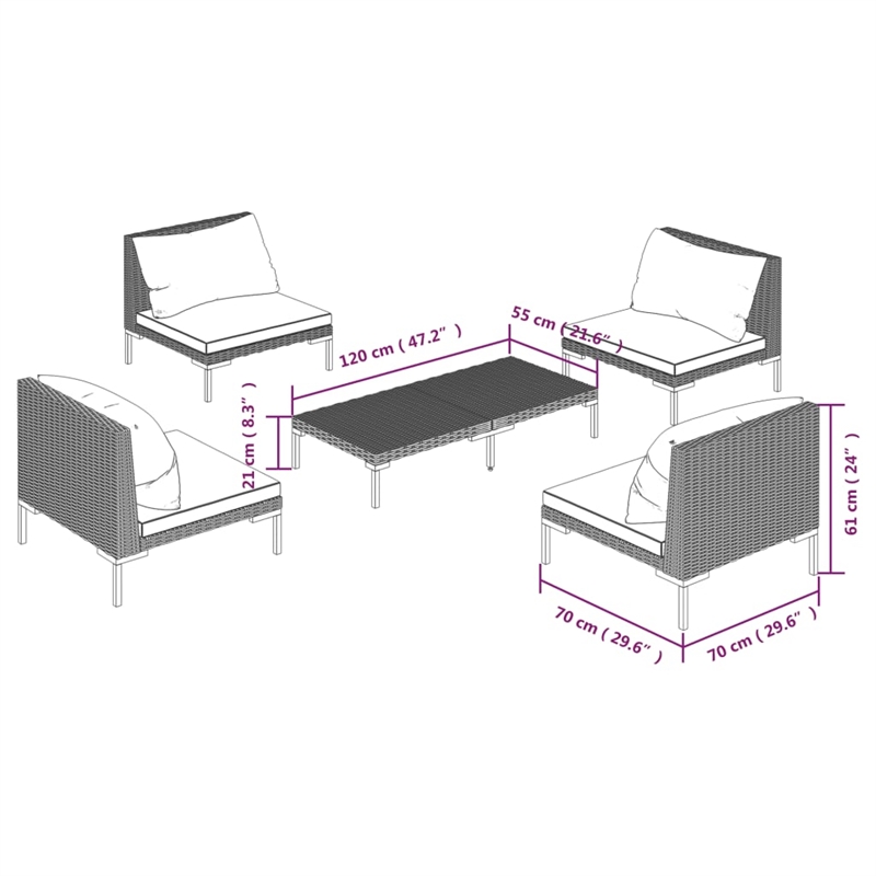 vidaXL 5 Piece Poly Rattan Garden Lounge Set in Gray