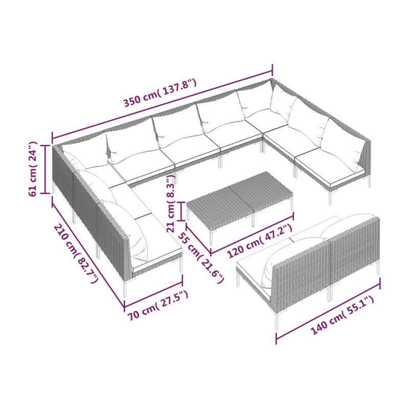 vidaXL 12 Piece Poly Rattan Garden Lounge Set in Black/Gray