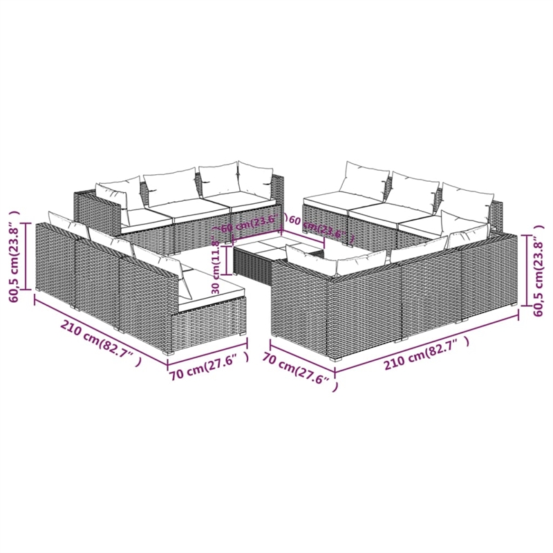 vidaXL 13 Piece Steel Large Lounge Set in Black/Cream