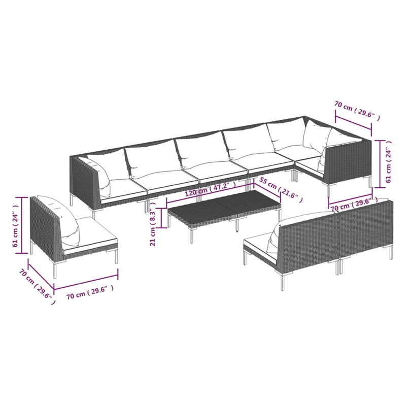 vidaXL 10 Piece Steel Garden Lounge Set in Gray