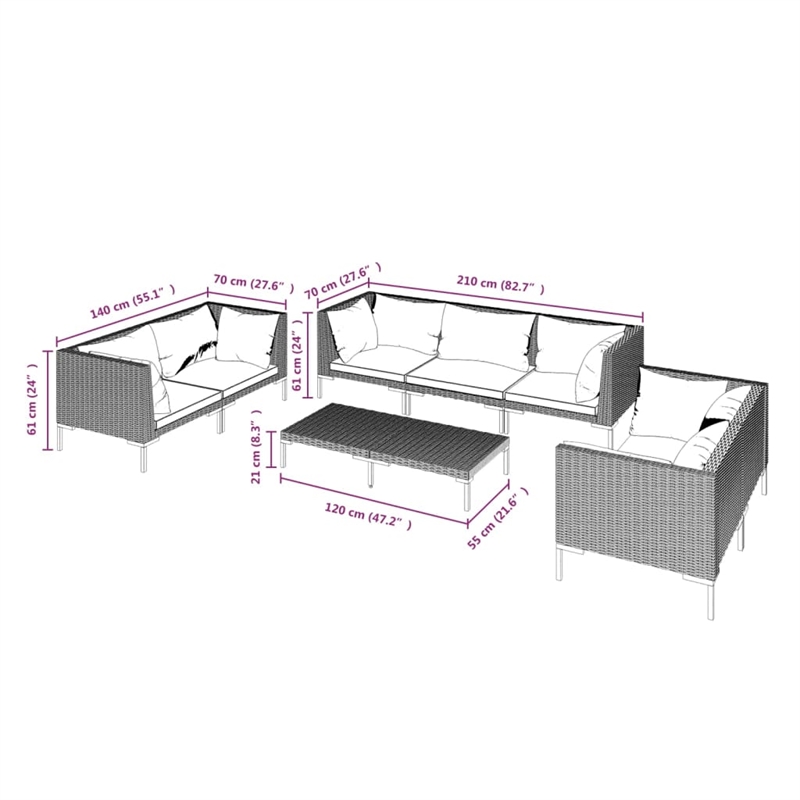 vidaXL 8 Piece Garden Lounge Set in Black/Gray