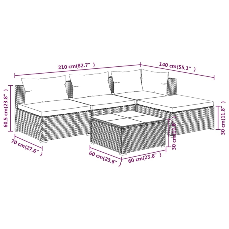 vidaXL 5 Piece Steel Small Garden Lounge Set in Brown