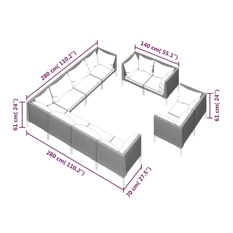 vidaXL 11 Piece Steel Garden Lounge Set in Gray