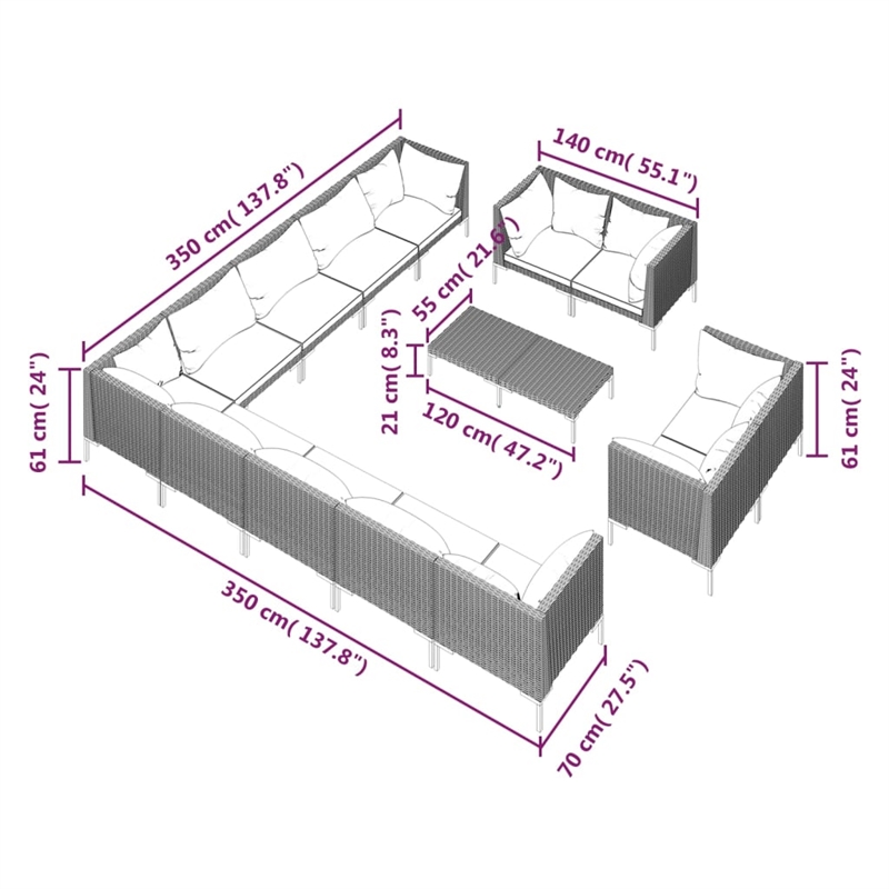 vidaXL 14 Piece Poly Rattan Garden Lounge Set in Black/Gray
