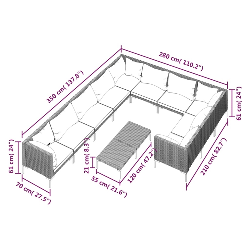 vidaXL 11 Piece Garden Lounge Set in Gray