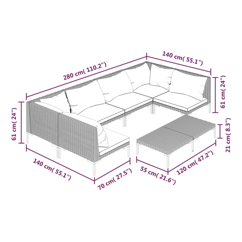 vidaXL 7 Piece Steel Garden Lounge Set in Gray
