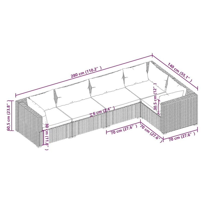 vidaXL 5 Piece Poly Rattan Garden Lounge Set in Brown