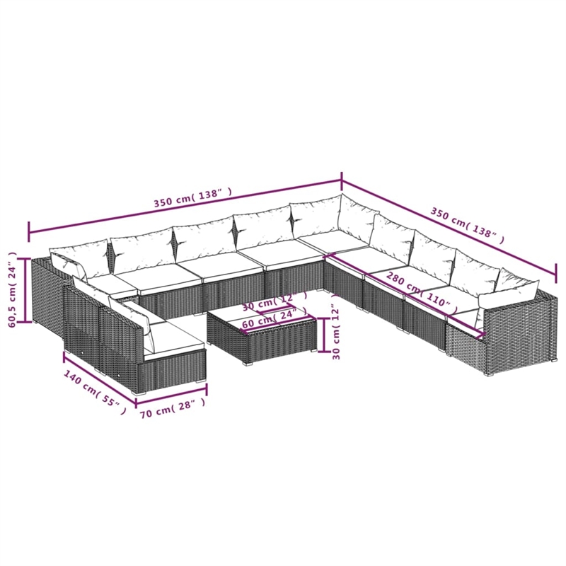 vidaXL 12 Piece Steel Garden Lounge Set in Red/Brown