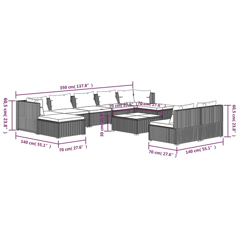 vidaXL 10 Piece Steel Large Garden Lounge Set in Gray