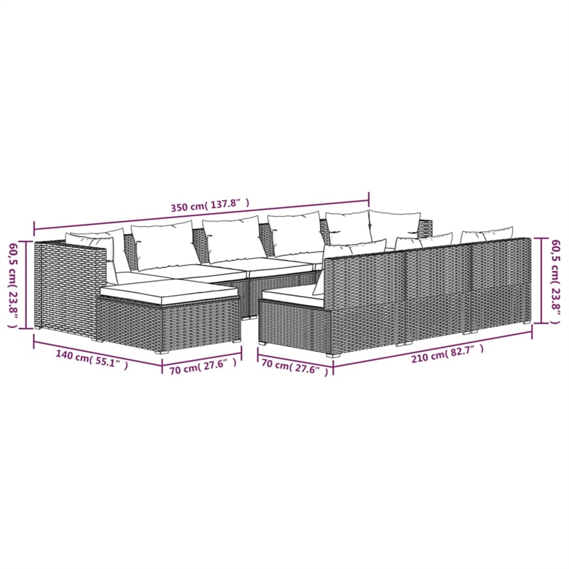 vidaXL 10 Piece Steel Large Garden Lounge Set in Brown