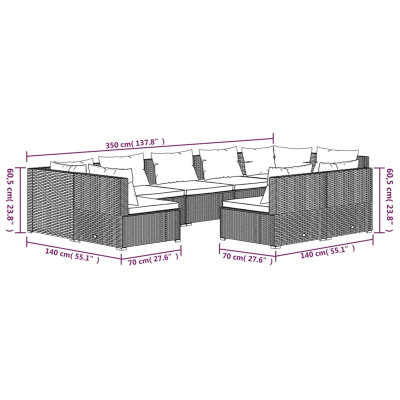 vidaXL 9 Piece Steel Small Garden Lounge Set in Brown