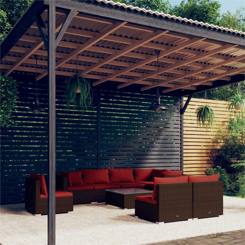 vidaXL 9 Piece Poly Rattan Garden Lounge Set in Red/Brown